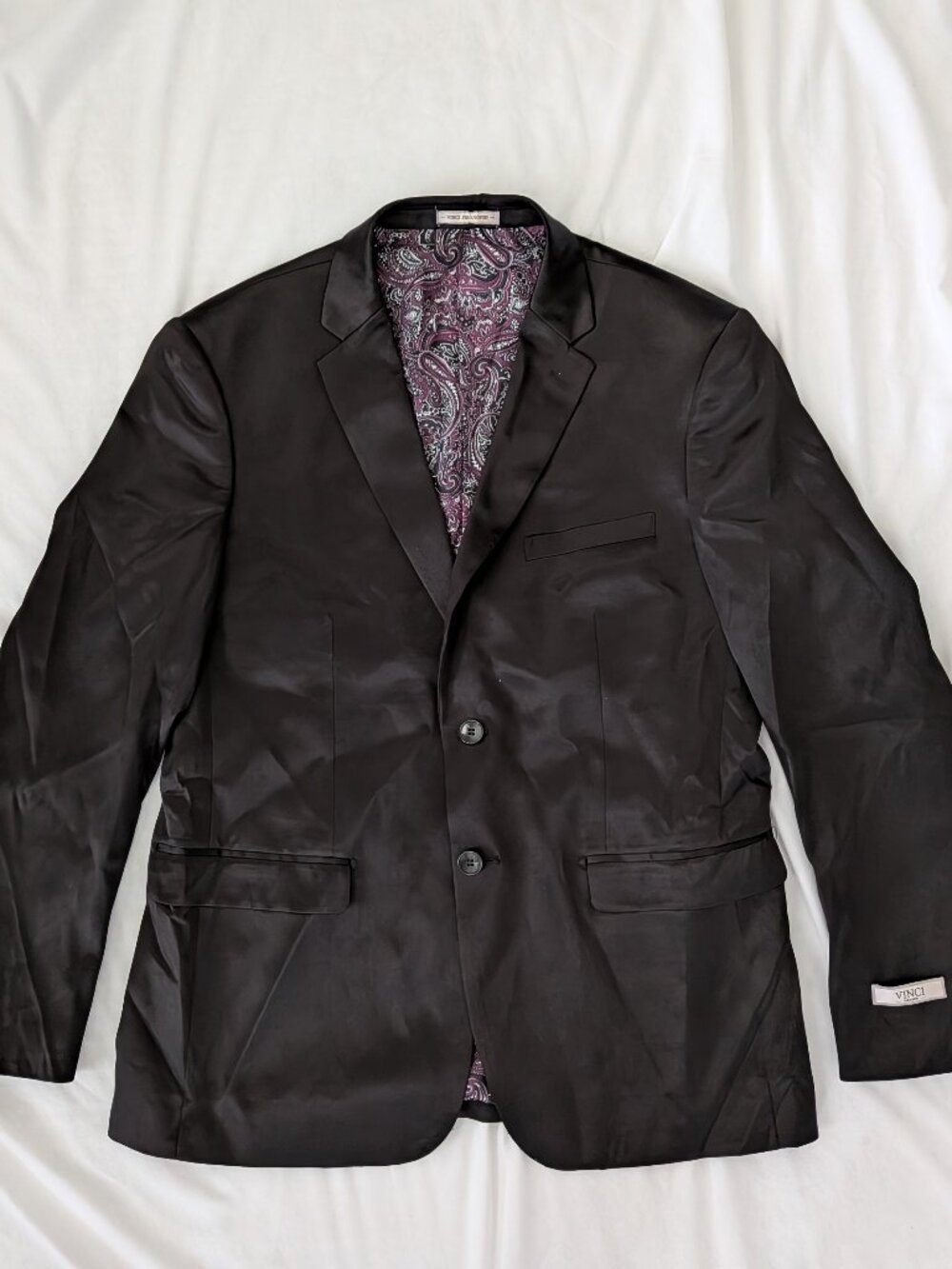 VINCI Philosophy Black Satin w/ Purple Paisley Lining Blazer Suit Jacket Mens XL